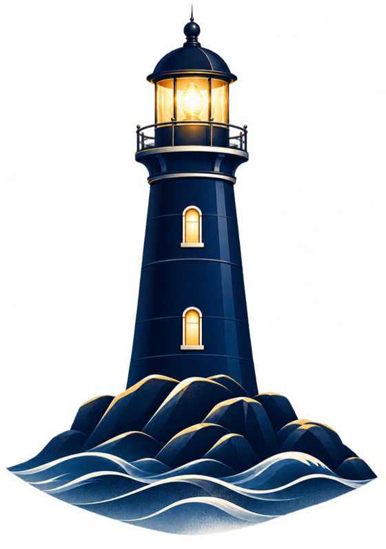 Farol iluminado sobre rochas, símbolo da metodologia FAROL